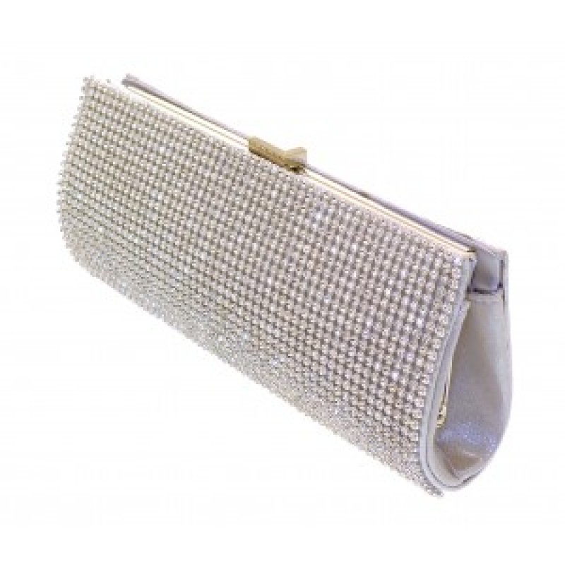 MEDIUM TO SMALL SIZED HARD CASED DIMONATE METALIC CLUTCH BAG WITH SHORT & LONG CHAINS Silver ...
