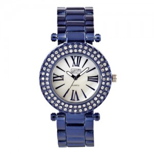 Eton Quartz Blue Shiny Aluminium Look Diamante Case Bracelet Watch 